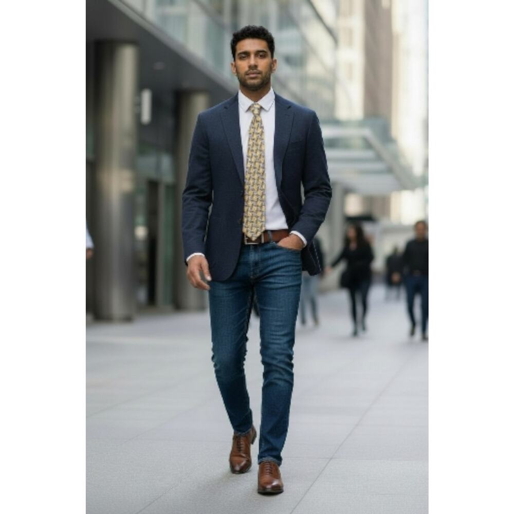 Hickey Freeman Men's Necktie Gold Blue Geometric Pattern, Silk, USA